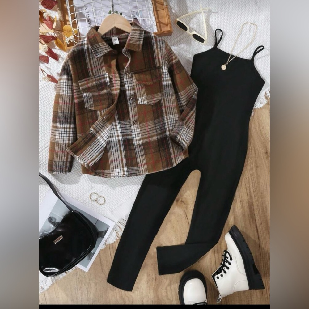 SHEIN Brown Plaid Jacket and Black Jumpsuit Set USED 1 time only
